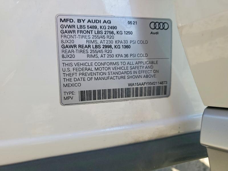 65162266 :رقم المزاد ، WA15AAFYXM2114873 vin ، 2021 Audi Q5 مزاد بيع