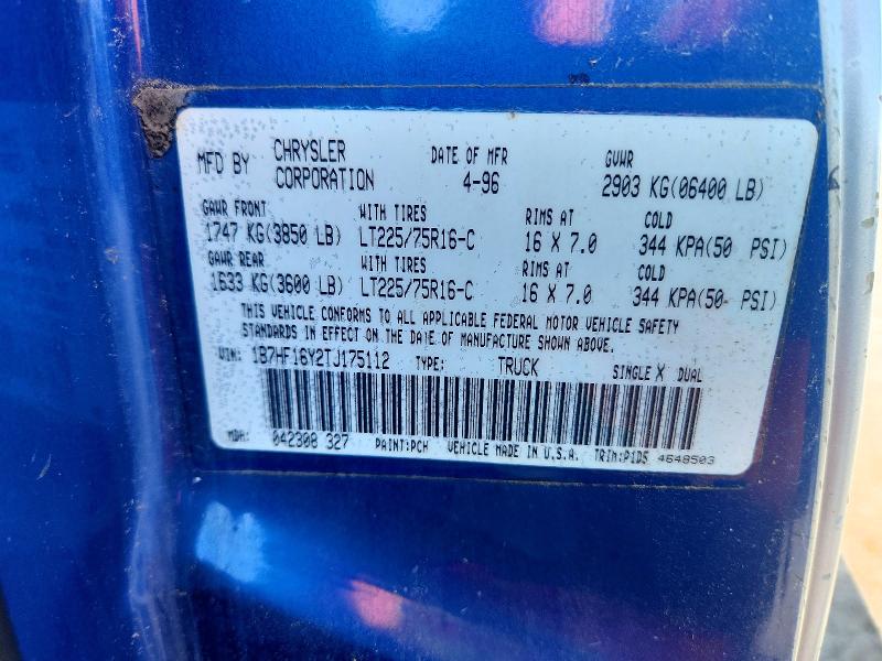 66053566 :رقم المزاد ، 1B7HF16Y2TJ175112 vin ، 1996 Dodge Ram 1500 مزاد بيع