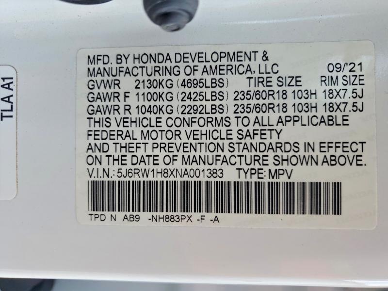 2022 Honda Cr-v მანქანა იყიდება აუქციონზე, vin: 5J6RW1H8XNA001383, აუქციონის ნომერი: 62990606