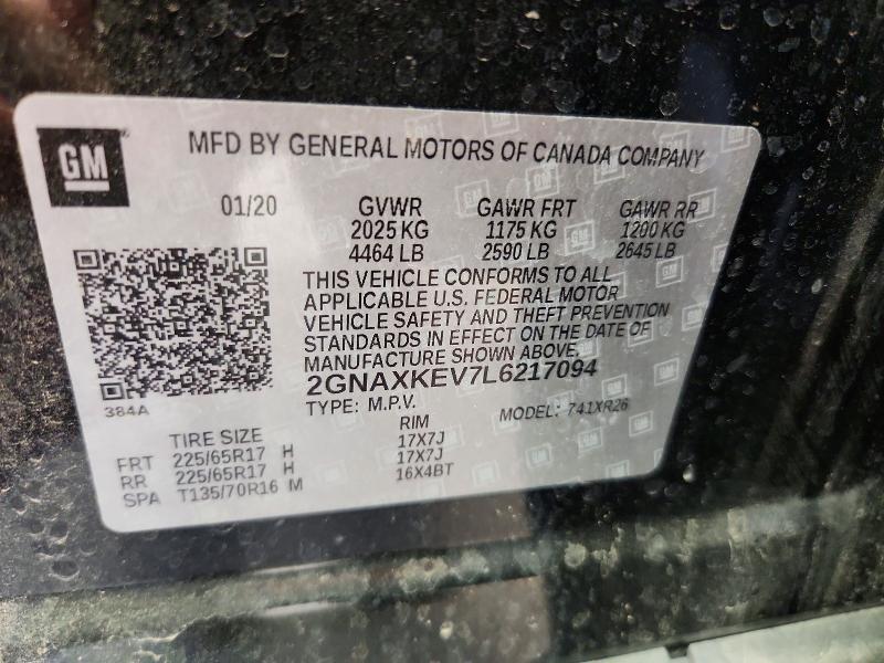 Продаж на аукціоні авто 2020 Chevrolet Equinox, vin: 2GNAXKEV7L6217094, номер лоту: 63622326