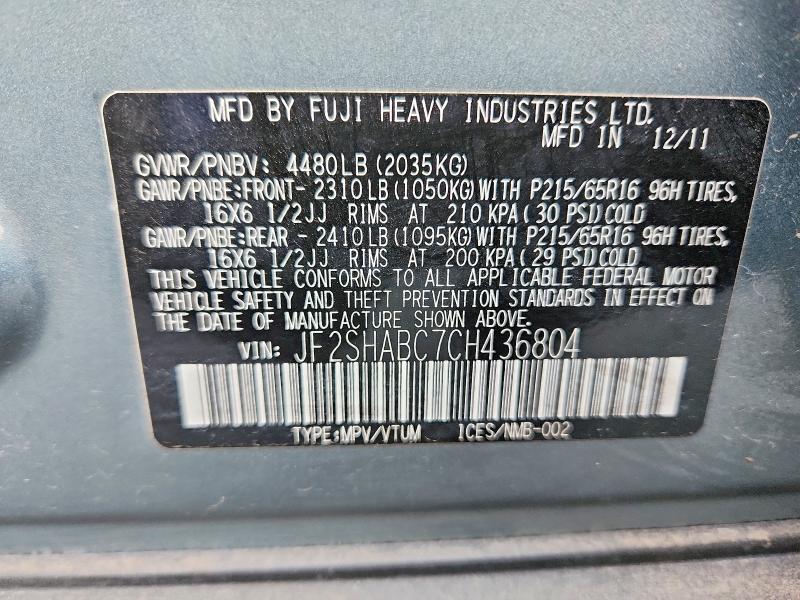 Aukcja sprzedaży 2012 Subaru Forester, vin: JF2SHABC7CH436804, numer aukcji: 66314036