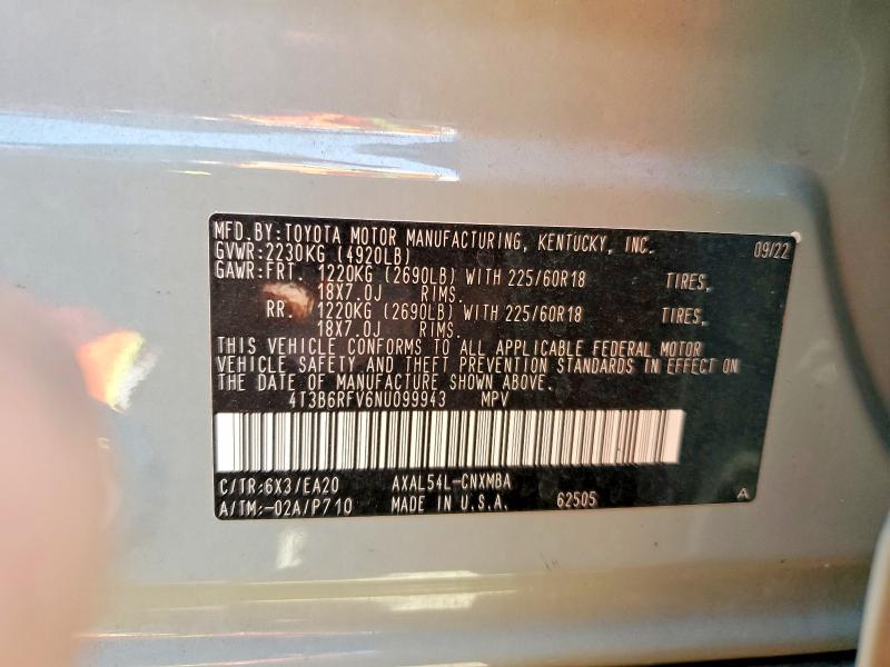2022 Toyota Rav4 მანქანა იყიდება აუქციონზე, vin: 4T3B6RFV6NU099943, აუქციონის ნომერი: 65240846