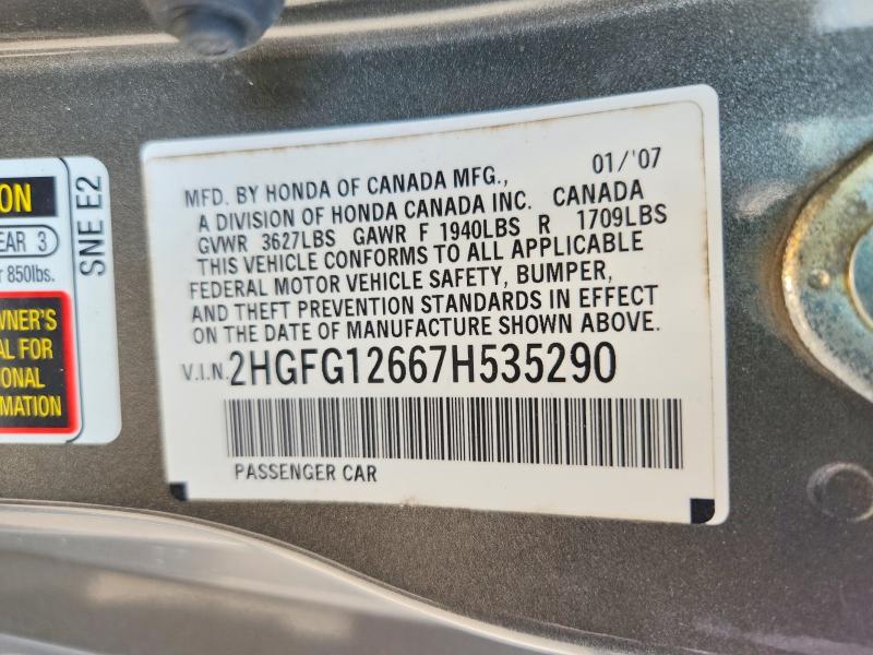 Продаж на аукціоні авто 2007 Honda Civic, vin: 2HGFG12667H535290, номер лоту: 64658386