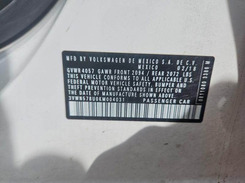 2019 Volkswagen Jetta მანქანა იყიდება აუქციონზე, vin: 3VWN57BU0KM004031, აუქციონის ნომერი: 67019256