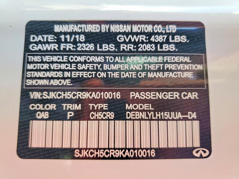 Aukcja sprzedaży 2019 Infiniti Qx30, vin: SJKCH5CR9KA010016, numer aukcji: 64805676