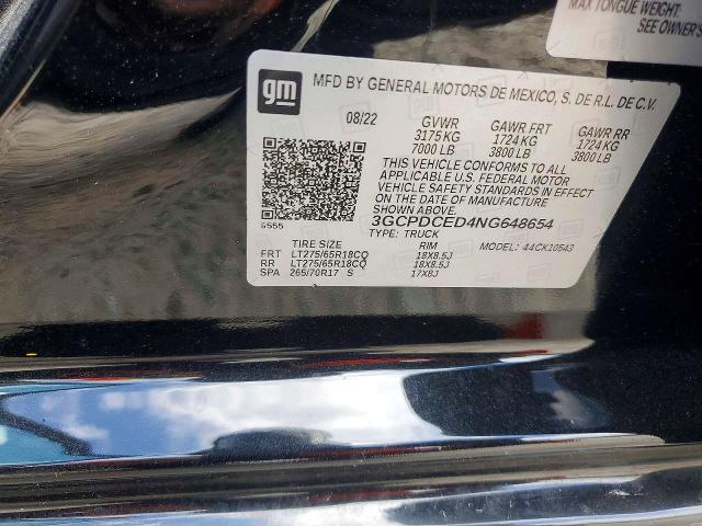 Продажа на аукционе авто 2022 Chevrolet Silverado, vin: 3GCPDCED4NG648654, номер лота: 64075696