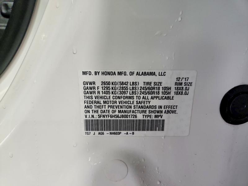 Продаж на аукціоні авто 2018 Honda Pilot, vin: 5FNYF6H56JB001726, номер лоту: 63580416