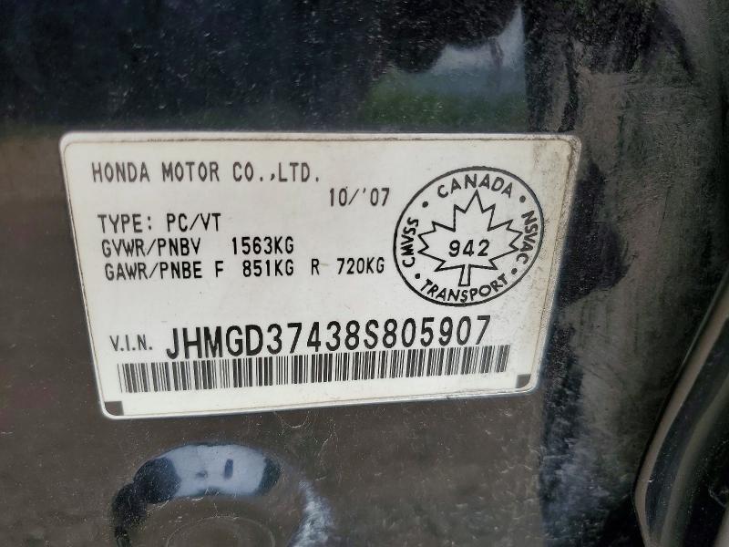 2008 Honda Fit მანქანა იყიდება აუქციონზე, vin: JHMGD37438S805907, აუქციონის ნომერი: 64487066