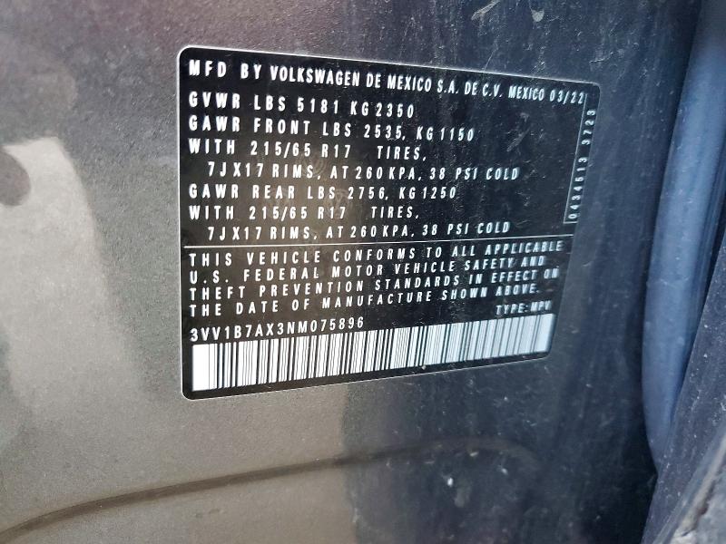 2022 Volkswagen Tiguan მანქანა იყიდება აუქციონზე, vin: 3VV1B7AX3NM075896, აუქციონის ნომერი: 66313616