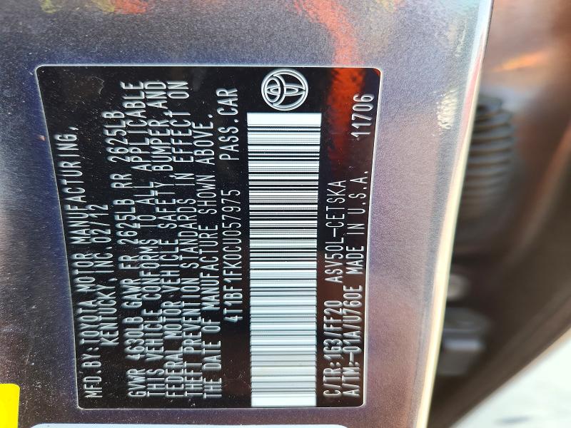 Продажа на аукционе авто 2012 Toyota Camry, vin: 4T1BF1FK0CU057975, номер лота: 66617726