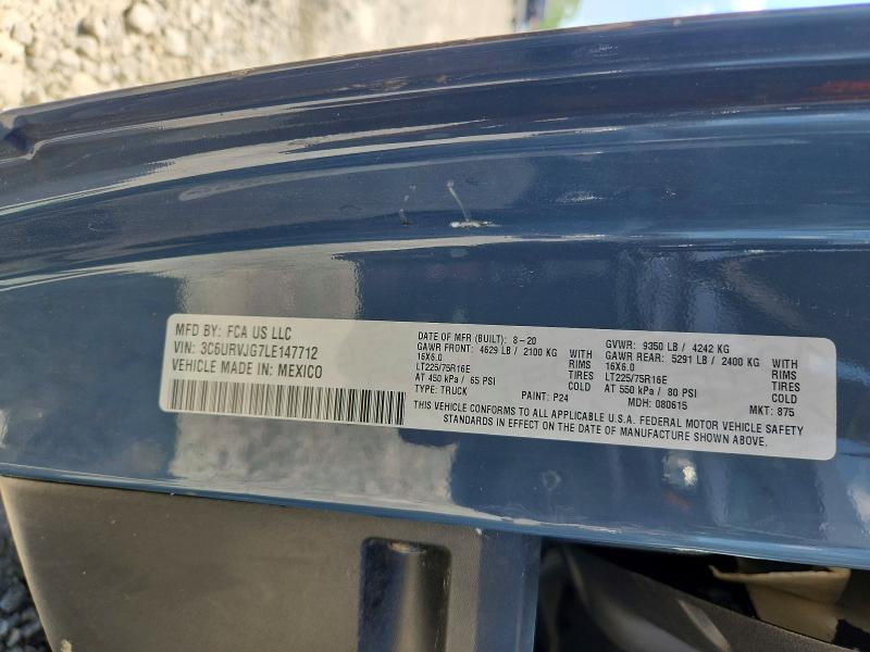 2020 Ram Promaster 3500 მანქანა იყიდება აუქციონზე, vin: 3C6URVJG7LE147712, აუქციონის ნომერი: 62446966