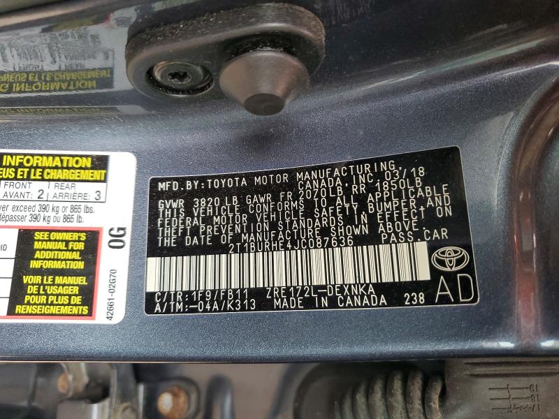 64249106 :رقم المزاد ، 2T1BURHE4JC087636 vin ، 2018 Toyota Corolla مزاد بيع