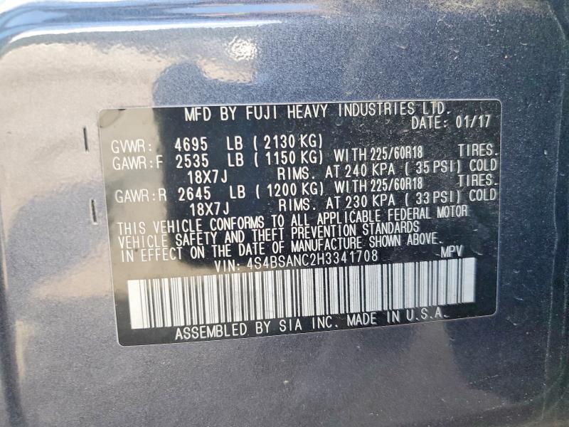 2017 Subaru Outback მანქანა იყიდება აუქციონზე, vin: 4S4BSANC2H3341708, აუქციონის ნომერი: 64084176