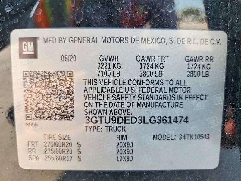 62055346 :رقم المزاد ، 3GTU9DED3LG361474 vin ، 2020 Gmc Sierra مزاد بيع