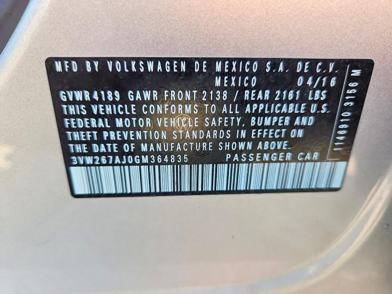 65890446 :رقم المزاد ، 3VW267AJ0GM364835 vin ، 2016 Volkswagen Jetta مزاد بيع