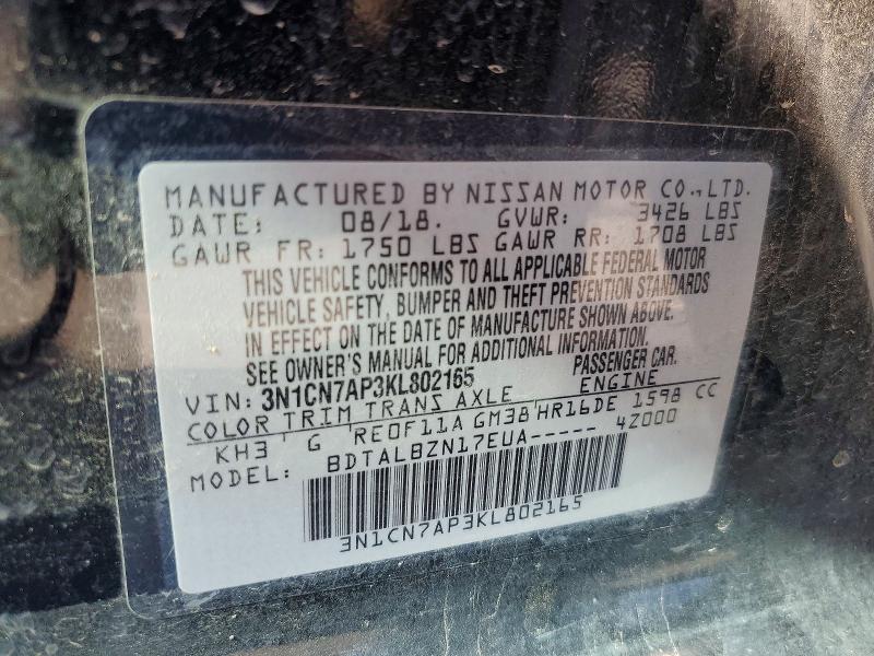 65595156 :رقم المزاد ، 3N1CN7AP3KL802165 vin ، 2019 Nissan Versa مزاد بيع