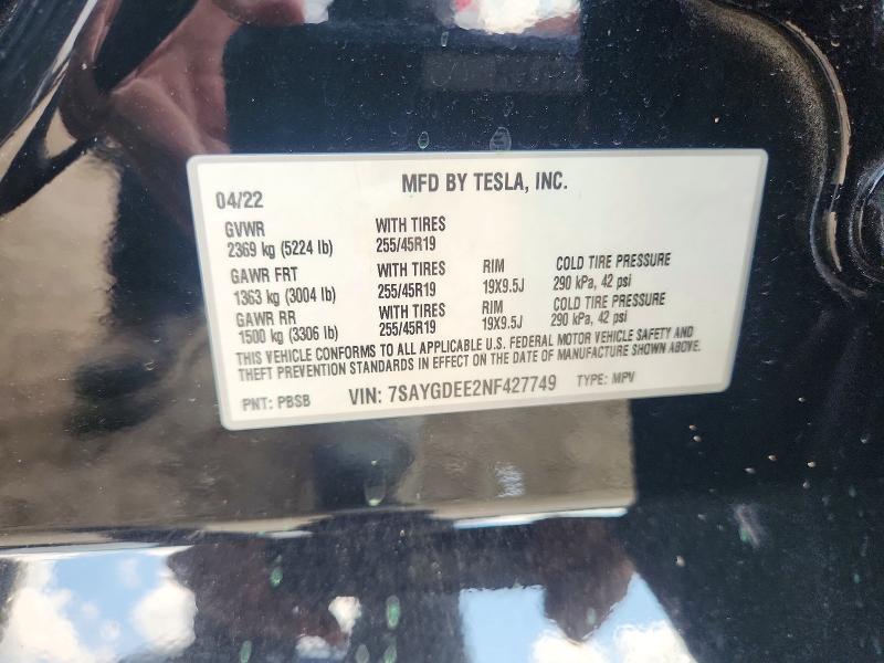 63114586 :رقم المزاد ، 7SAYGDEE2NF427749 vin ، 2022 Tesla Model  Y مزاد بيع