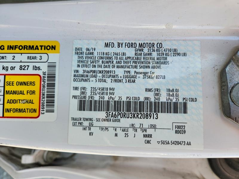2019 Ford Fusion მანქანა იყიდება აუქციონზე, vin: 3FA6P0RU3KR208913, აუქციონის ნომერი: 65361046