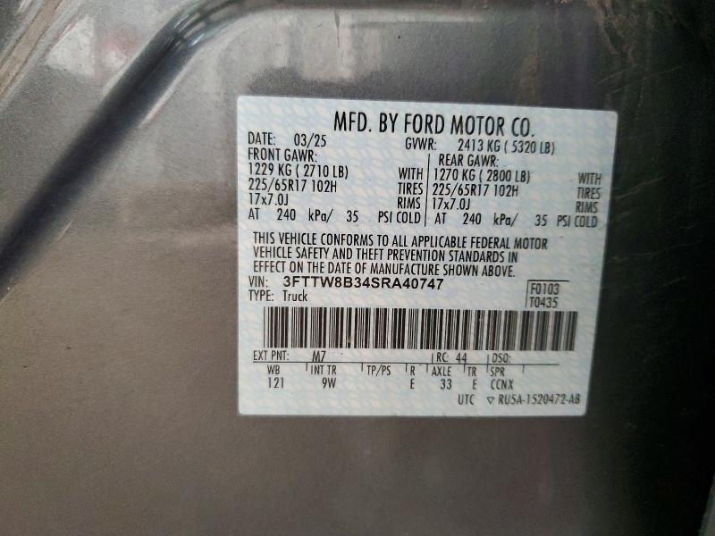 66494996 :رقم المزاد ، 3FTTW8B34SRA40747 vin ، 2025 Ford Maverick مزاد بيع
