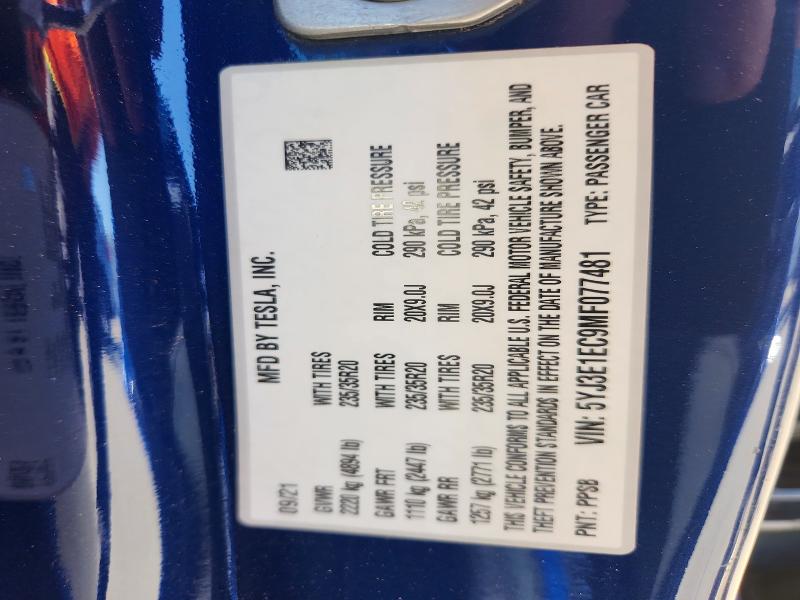66212556 :رقم المزاد ، 5YJ3E1EC9MF077481 vin ، 2021 Tesla Model 3 مزاد بيع
