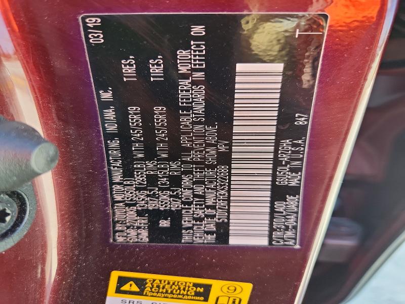 66653566 :رقم المزاد ، 5TDYZRFH3KS322688 vin ، 2019 Toyota Highlander مزاد بيع
