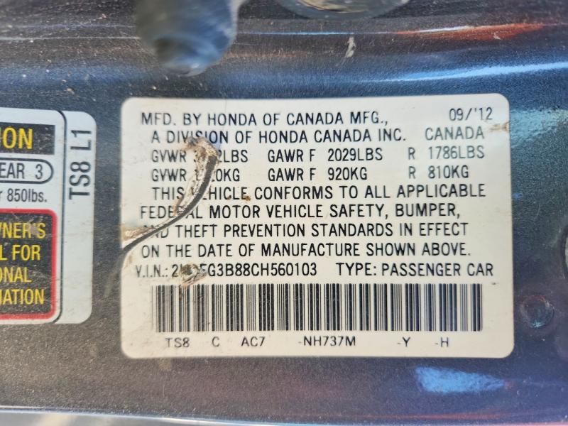 Auction sale of the 2012 Honda Civic, vin: 2HGFG3B88CH560103, lot number: 65412066