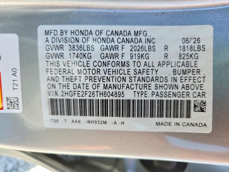 2026 Honda Civic მანქანა იყიდება აუქციონზე, vin: 2HGFE2F26TH604895, აუქციონის ნომერი: 63617986