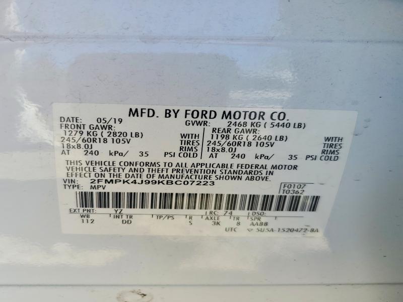 2019 Ford Edge მანქანა იყიდება აუქციონზე, vin: 2FMPK4J99KBC07223, აუქციონის ნომერი: 64530386