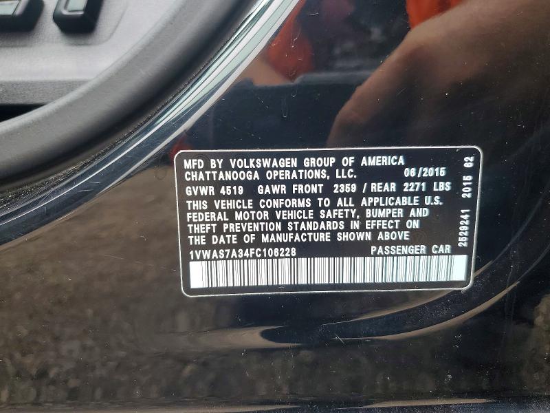 2015 Volkswagen Passat მანქანა იყიდება აუქციონზე, vin: 1VWAS7A34FC106228, აუქციონის ნომერი: 64968816