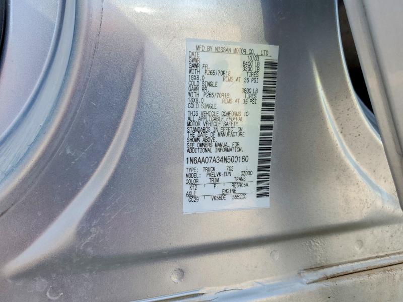 2004 Nissan Titan მანქანა იყიდება აუქციონზე, vin: 1N6AA07A34N500160, აუქციონის ნომერი: 64654336