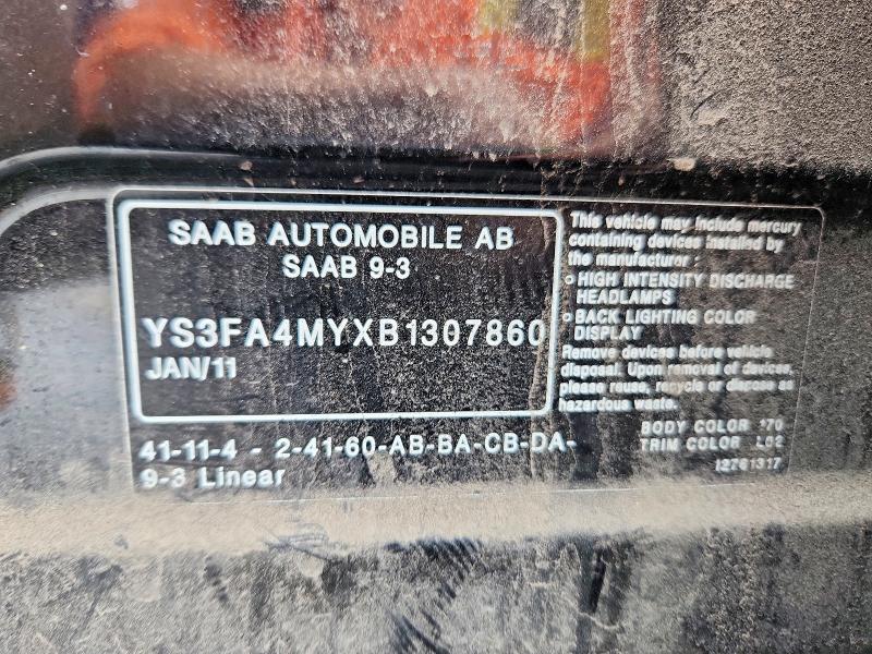 Aukcja sprzedaży 2011 Saab 9-3, vin: YS3FA4MYXB1307860, numer aukcji: 63851736
