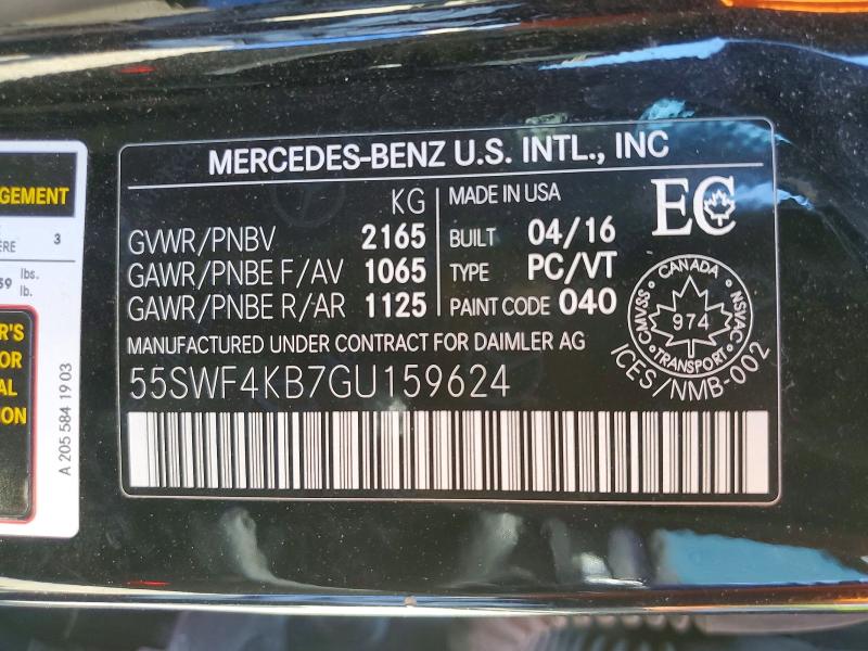 Aukcja sprzedaży 2016 Mercedes-benz C, vin: 55SWF4KB7GU159624, numer aukcji: 66635256