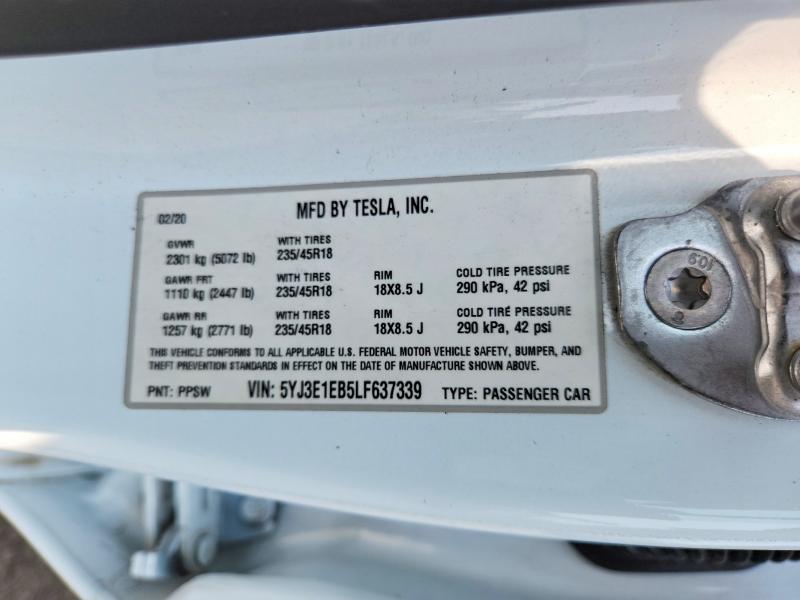 64054616 :رقم المزاد ، 5YJ3E1EB5LF637339 vin ، 2020 Tesla Model 3 مزاد بيع