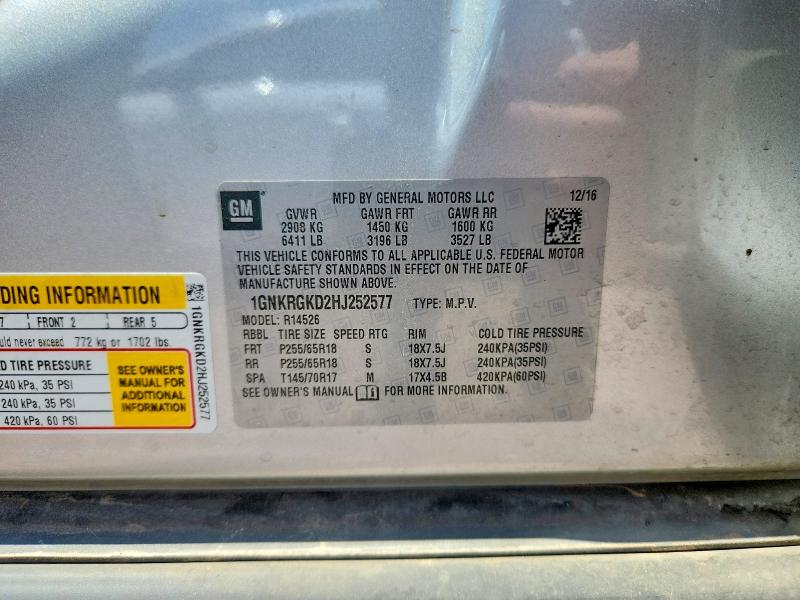 Продаж на аукціоні авто 2017 Chevrolet Traverse, vin: 1GNKRGKD2HJ252577, номер лоту: 64821676
