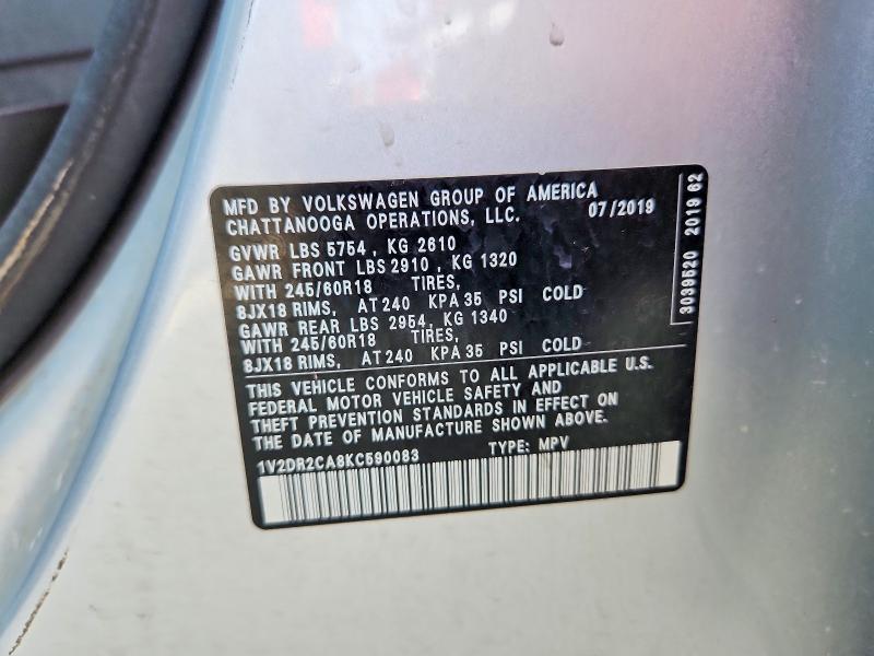 2019 Volkswagen Atlas მანქანა იყიდება აუქციონზე, vin: 1V2DR2CA8KC590083, აუქციონის ნომერი: 63527466