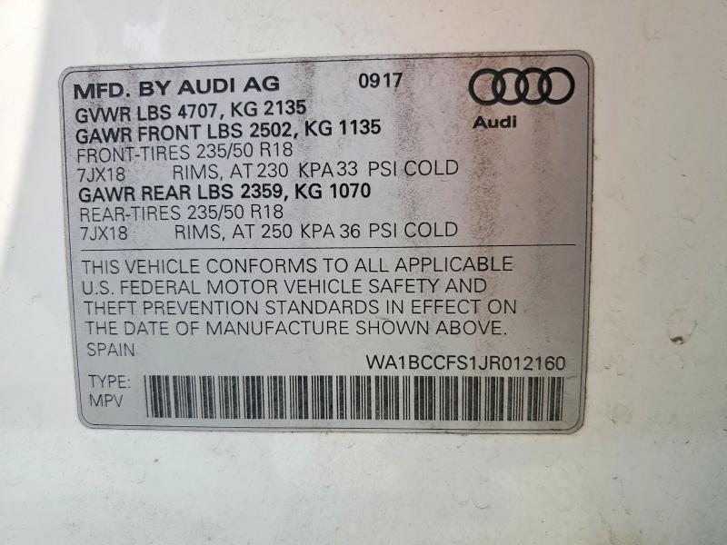 66805316 :رقم المزاد ، WA1BCCFS1JR012160 vin ، 2018 Audi Q3 مزاد بيع