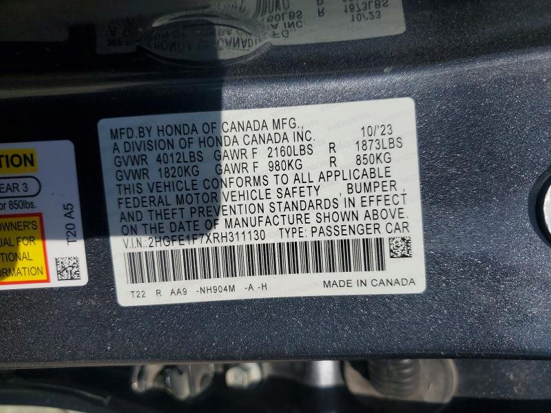 Продаж на аукціоні авто 2024 Honda Civic, vin: 2HGFE1F7XRH311130, номер лоту: 64924216