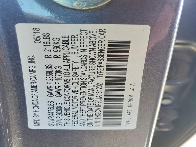 2018 Honda Accord მანქანა იყიდება აუქციონზე, vin: 1HGCV1F30JA181202, აუქციონის ნომერი: 63173136
