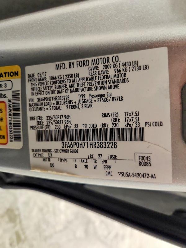 Продажа на аукционе авто 2017 Ford Fusion, vin: 3FA6P0H71HR383228, номер лота: 65754646