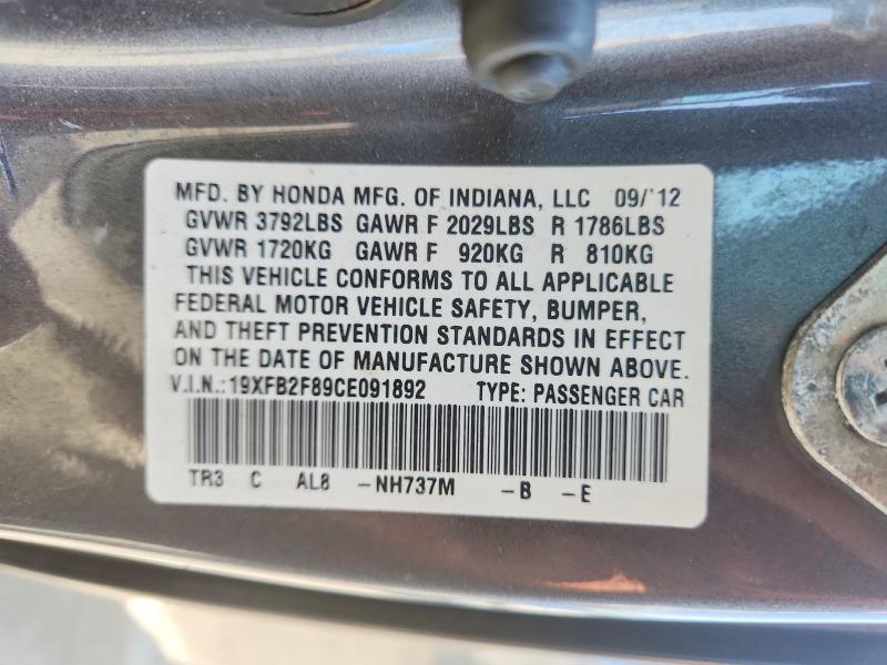 64506016 :رقم المزاد ، 19XFB2F89CE091892 vin ، 2012 Honda Civic مزاد بيع