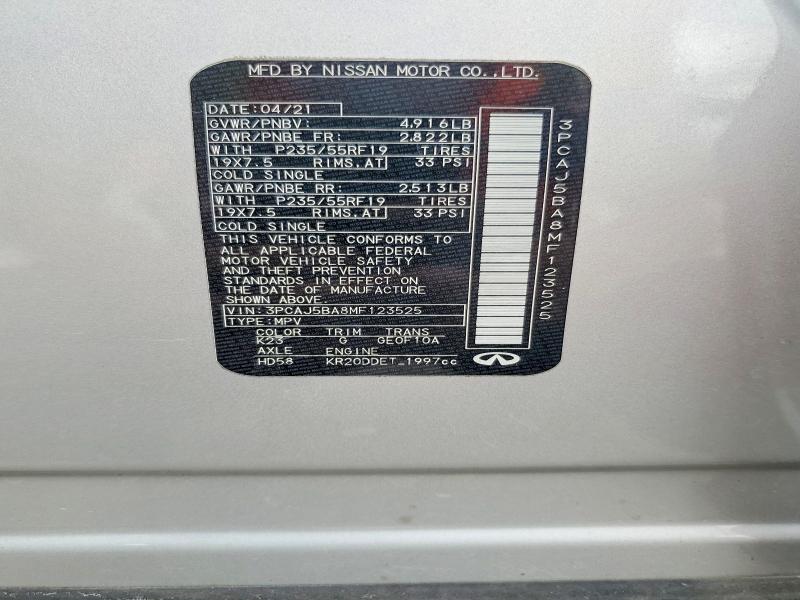 Aukcja sprzedaży 2021 Infiniti Qx50, vin: 3PCAJ5BA8MF123525, numer aukcji: 66309816