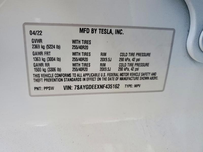 2022 Tesla Model  Y მანქანა იყიდება აუქციონზე, vin: 7SAYGDEEXNF435162, აუქციონის ნომერი: 65231356