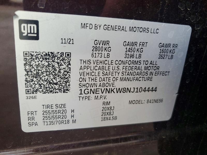 62862526 :رقم المزاد ، 1GNEVNKW8NJ104444 vin ، 2022 Chevrolet Traverse مزاد بيع