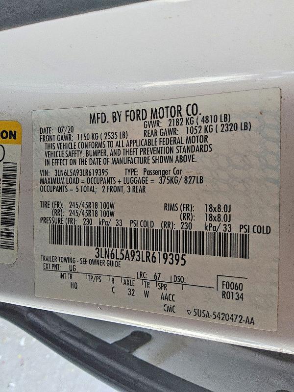 2020 Lincoln Mkz მანქანა იყიდება აუქციონზე, vin: 3LN6L5A93LR619395, აუქციონის ნომერი: 65670136