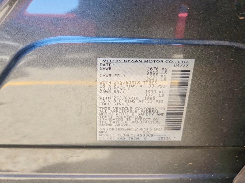 64654666 :رقم المزاد ، 5N1DR3BC5NC249590 vin ، 2022 Nissan Pathfinder مزاد بيع