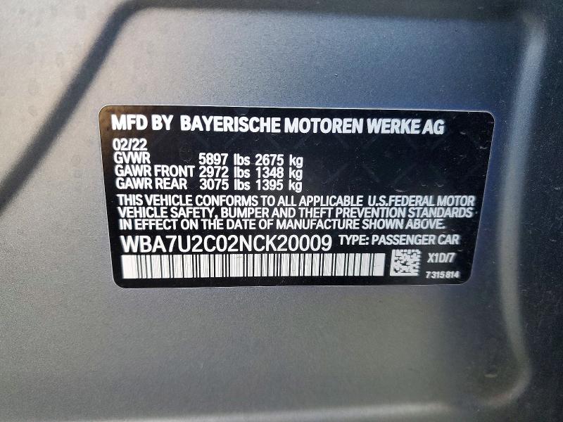 Продаж на аукціоні авто 2022 Bmw 750, vin: WBA7U2C02NCK20009, номер лоту: 64290986