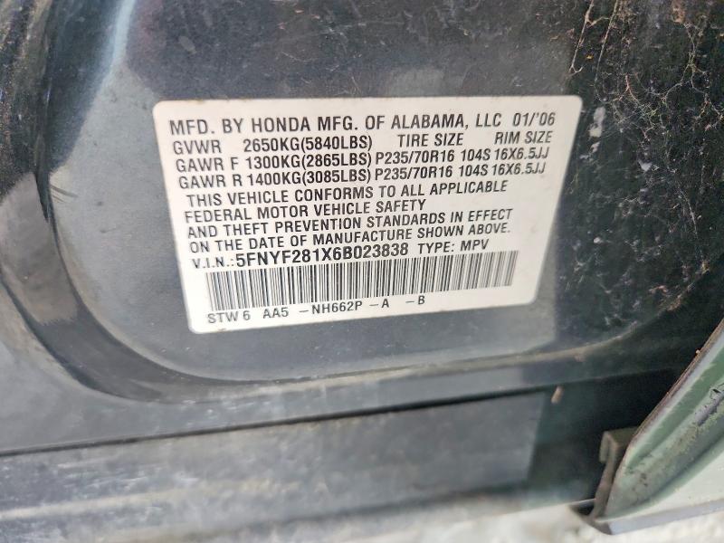 Aukcja sprzedaży 2006 Honda Pilot, vin: 5FNYF281X6B023838, numer aukcji: 59803776