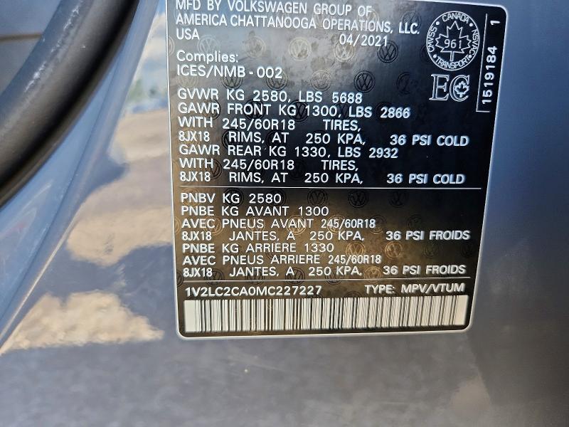 66598546 :رقم المزاد ، 1V2LC2CA0MC227227 vin ، 2021 Volkswagen Atlas Cross Sport مزاد بيع