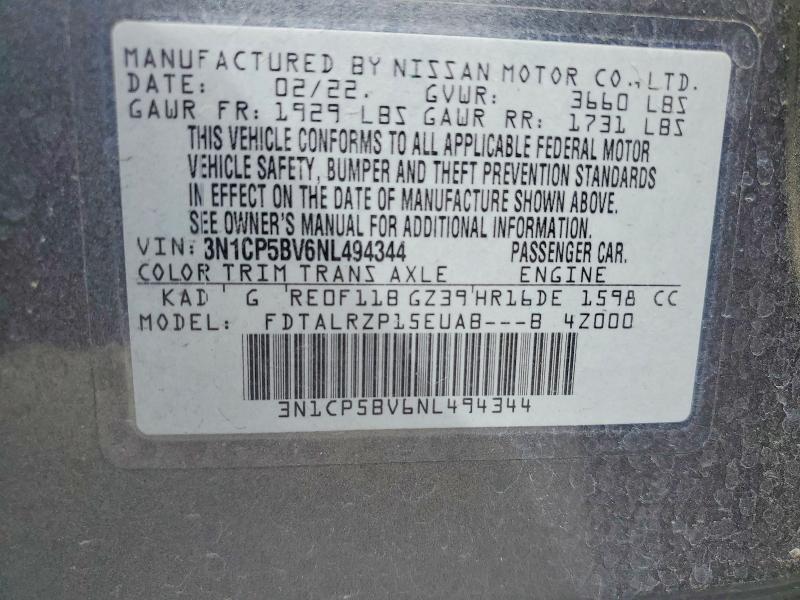 65340606 :رقم المزاد ، 3N1CP5BV6NL494344 vin ، 2022 Nissan Kicks مزاد بيع