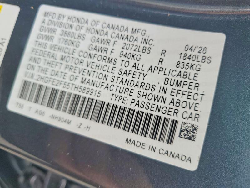 Продажа на аукционе авто 2026 Honda Civic, vin: 2HGFE2F55TH589915, номер лота: 66140836